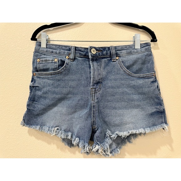 Almost Famous Pants - Almost Famous Womens Medium Wash Frayed Raw Hem Denim Jean Shorts Size 5